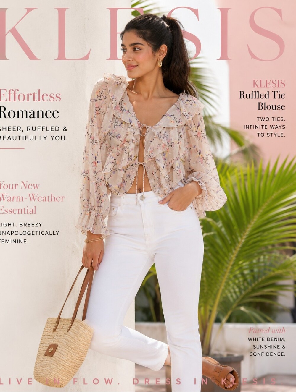 Klesis  Ruffle front tie Long-Sleeve Semi Sheer Crop Blouse Cream/Pinks Sz S